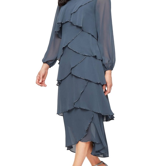 SLNY Slate Blue Layered Chiffon High-Low Dress - Picture 3 of 3
